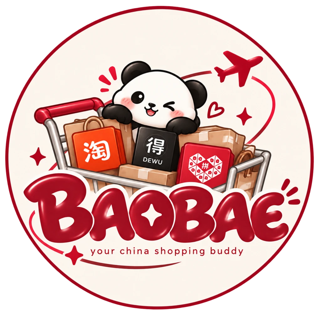 Logo Baobae: panda bersama keranjang belanja dan paket dari China